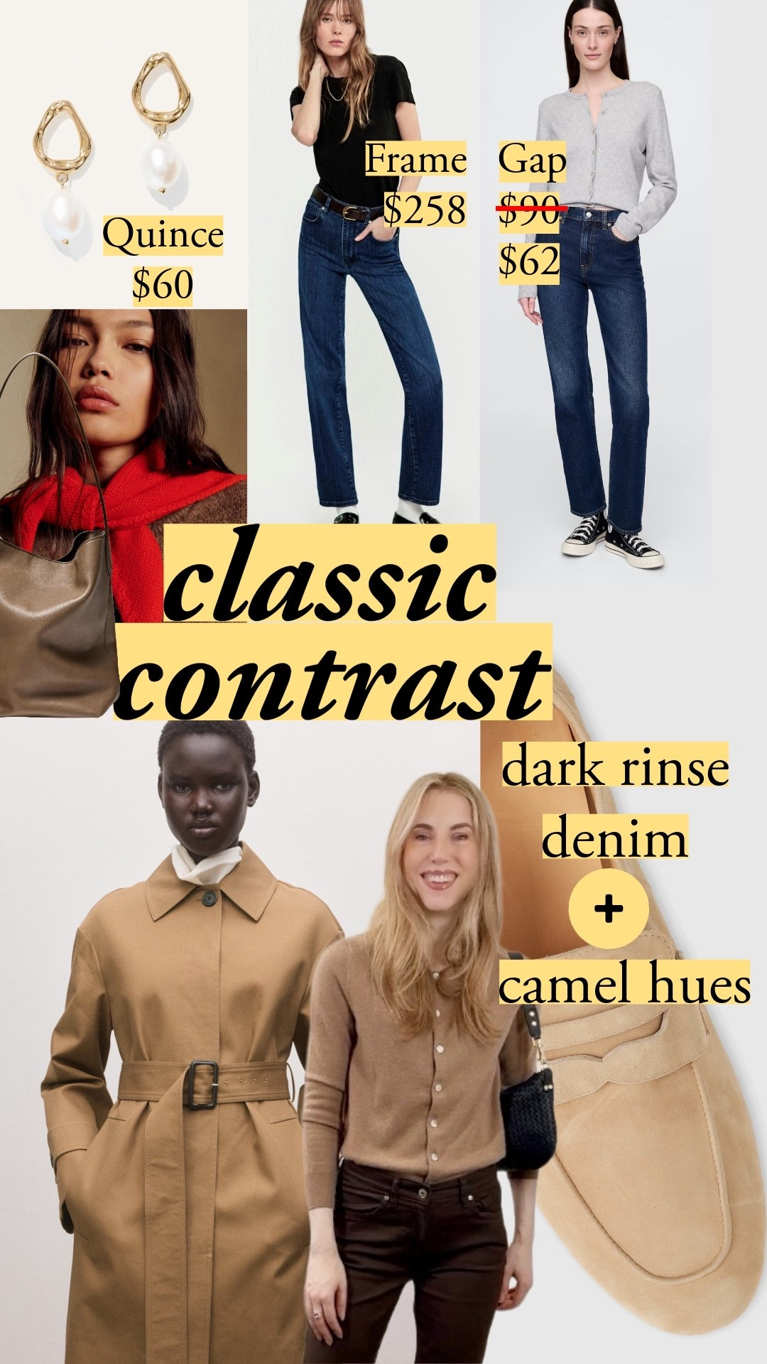 Dark rinse denim looks more polished than lighter washes – especially with camel, a classic neutral that's the perfect contrast with deep blues. Add pearls or red for an effortless pop, and you've got something that transcends the moment. I'd go with a brown or black shoe if I'm wearing camels on top. If I'm wearing camel-ish shoes, I'd go with a white or ecru top to avoid the sandwich look.

#LTKootd
