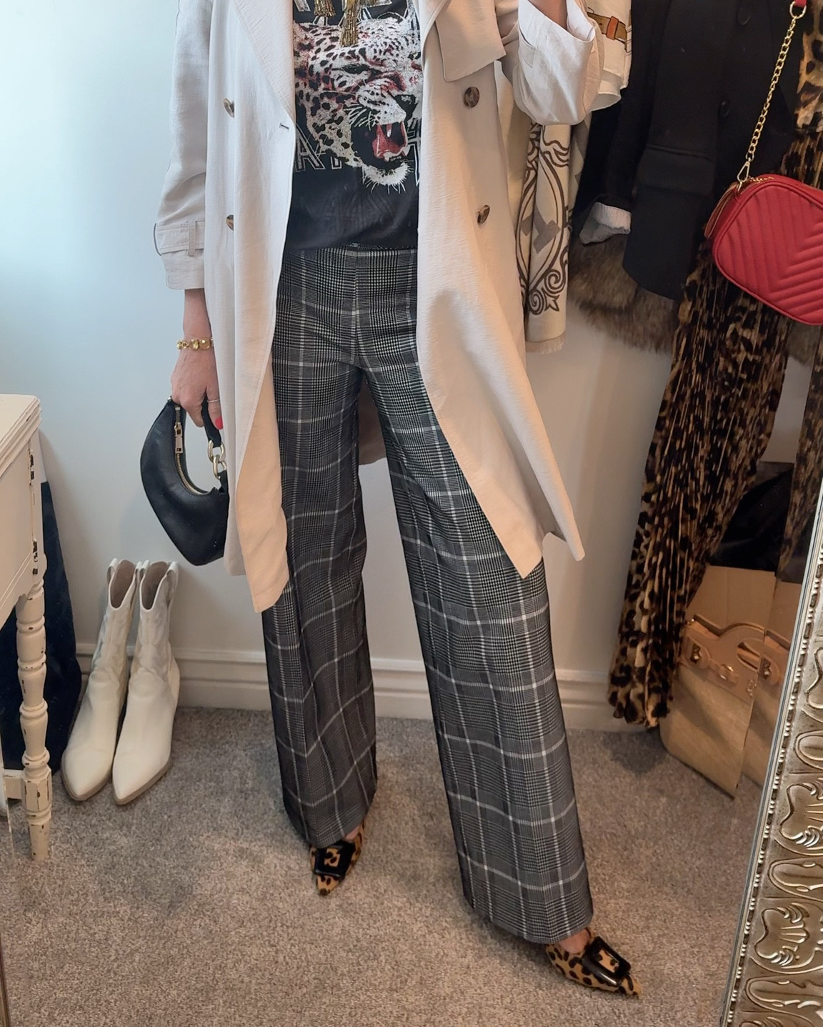 #4 in the graphic/concert tee styling series!

Try-on 

Trench coat -Chicos tts

Def leopard tee tts 

Spanx plaid pant trousers tts
Wide leg save 10% with code
Deardarcyxspanx tts

Leopard kitten heal with black buckle  anthropology 
Tts linked similar as well

Black leather bag lchicos (linked similar 

Jcrew tassel necklace old linked something with the same feel

Case is loopy case
Save 20% with code DARCY20

#LTKWatchNow #LTKOver40 #LTKStyleTip