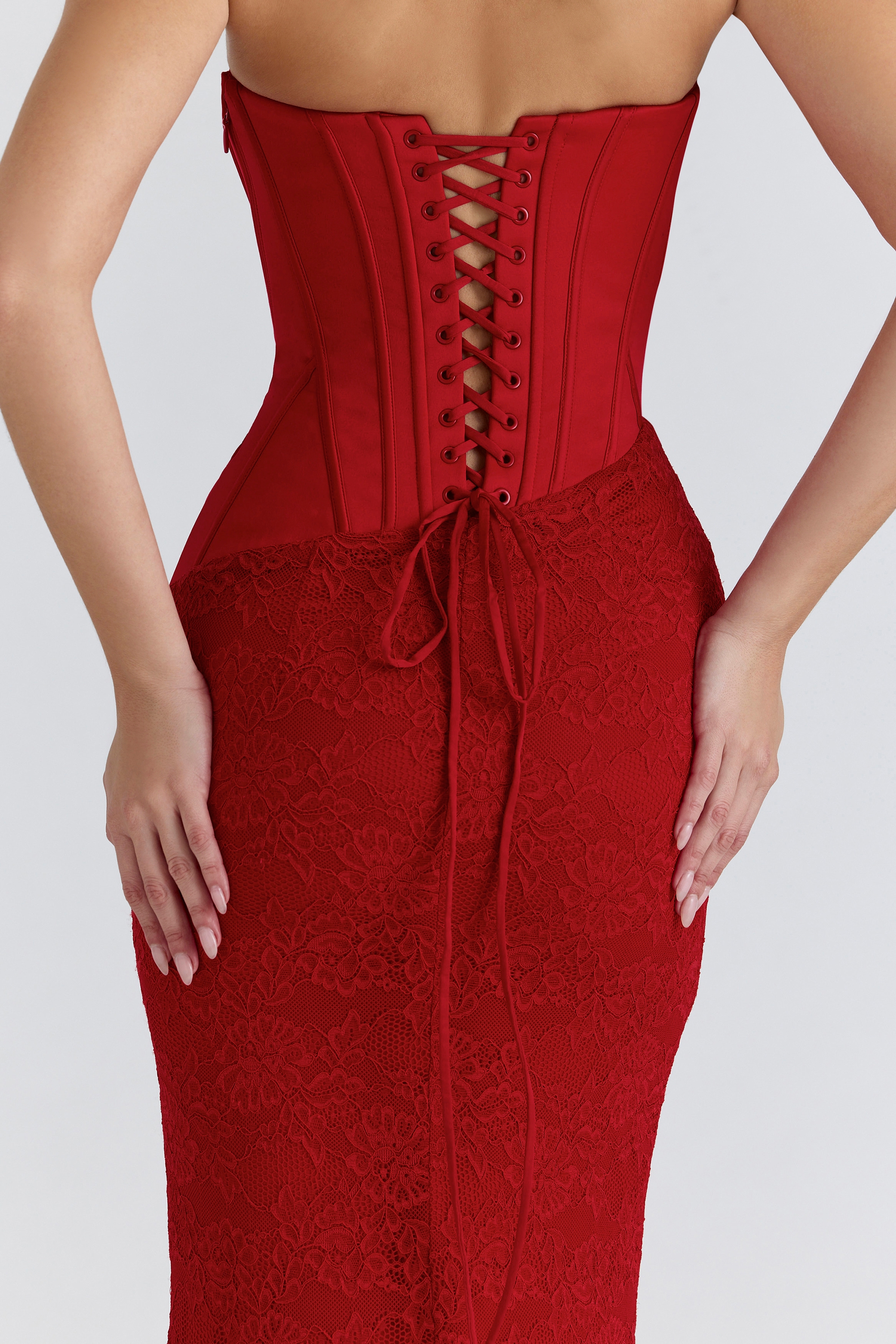 red satin lace strapless maxi dress | House of CB