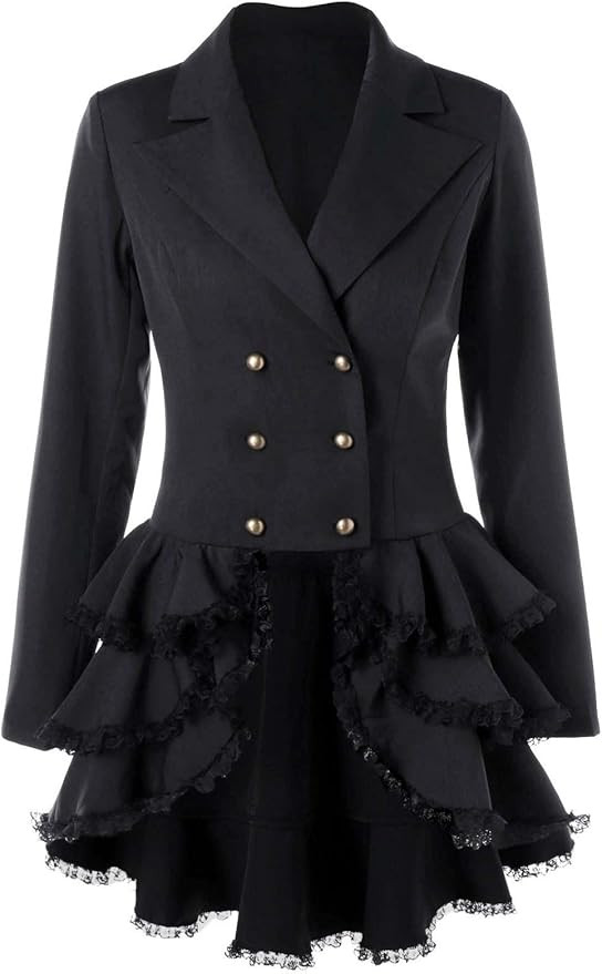 Nihsatin Women Double Breasted Victorian Steampunk Blazer Coat Jacket with Lace Hem | Amazon (US)