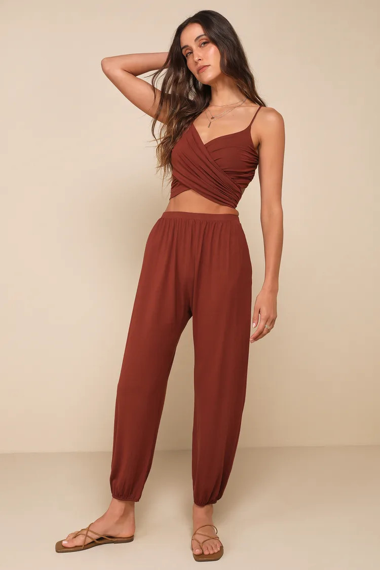 Doin' it Right Brown Wrap Two-Piece Jumpsuit | Lulus