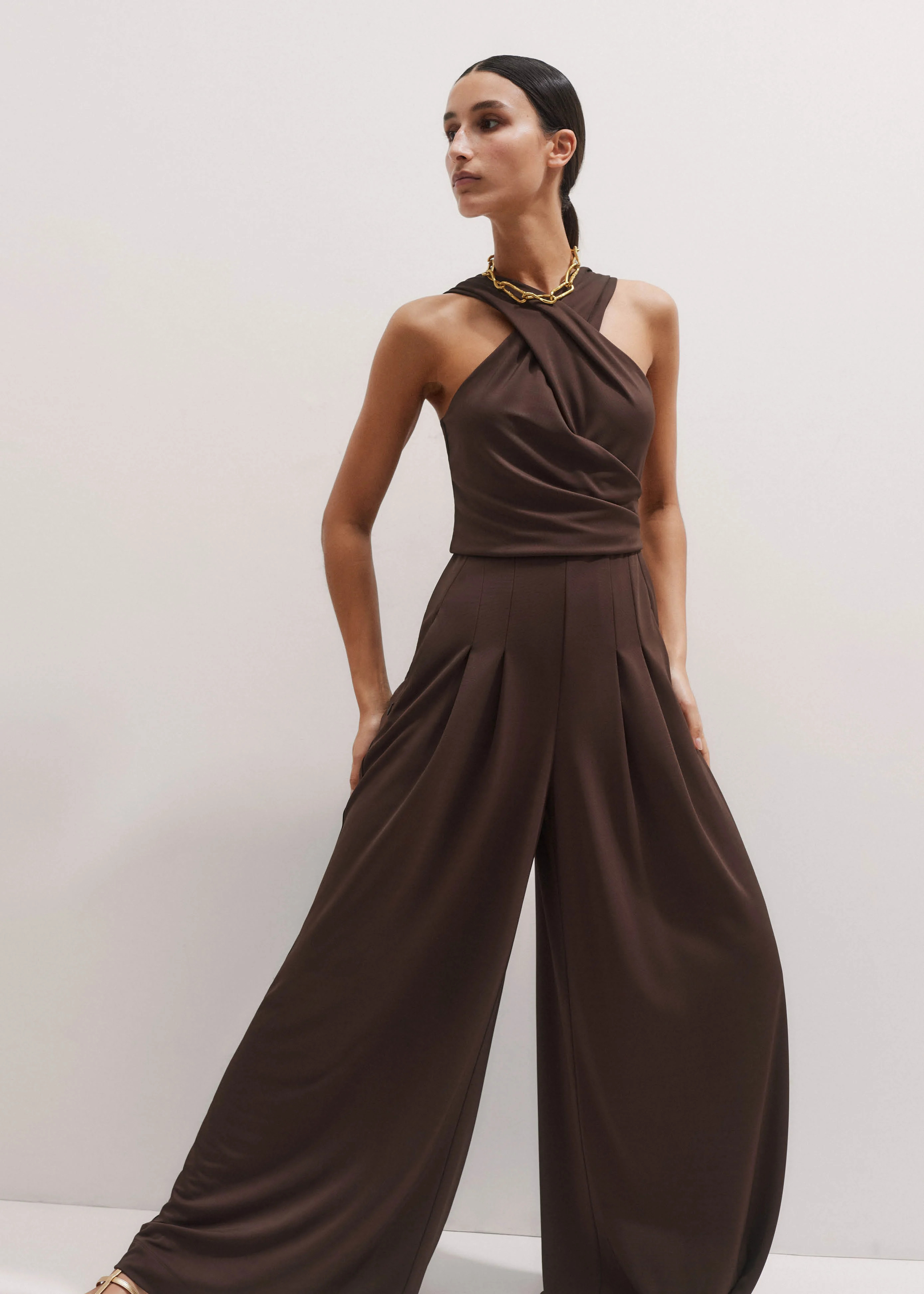 Women's Brown Crossover Wide-Leg Jumpsuit | ME+EM | ME+EM Global (Excluding US)