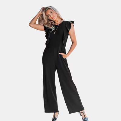 Women's Chic Ruffle Sleeve Open Back Jumpsuit - Cupshe-S-Black | Target