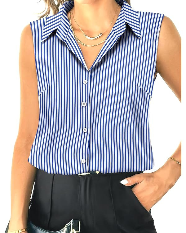 HOTOUCH Womens Sleeveless Button Down Shirt Tops V Neck Business Casual Collared Blouses Tank Top | Amazon (US)