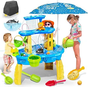 VATOS 3-Tier Sand Water Table Toys for Kids with Water Pumb & Umbrella, Kids Splash Water Table P... | Amazon (US)
