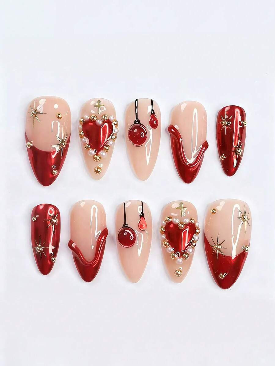 10pcs Y2K Cute Almond-Shaped Short 3D Resin Pearl Heart Gold Star Red French Manicure Press-On Na... | SHEIN