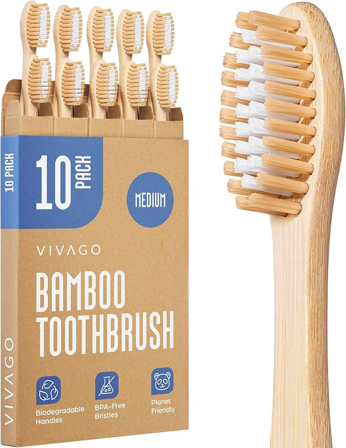 Bamboo Toothbrushes Medium Bristles 10 Pack - BPA Free Medium Bristles Toothbrushes for Adults - ... | Amazon (US)