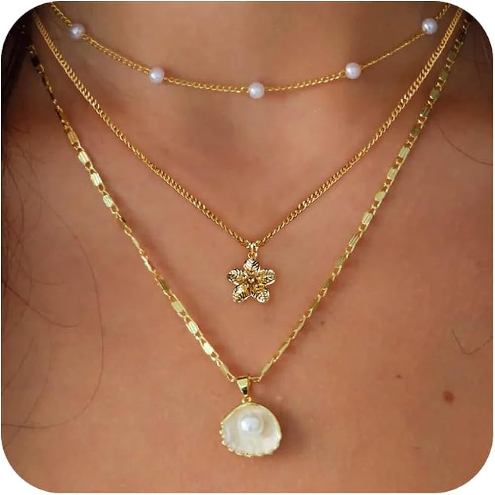 Charm Necklaces for Women,14k Gold Plated Waterproof Dainty Choker Necklace Summer Seashell Pearl... | Amazon (US)