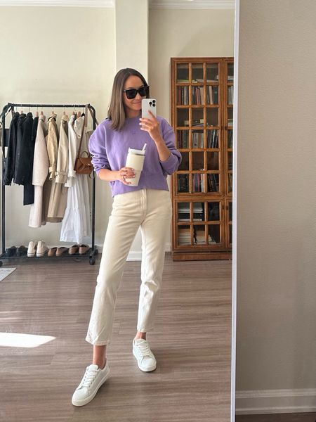 Casual spring outfit 

Lilac sweatshirt xs - linked to similar style 
White jeans Everlane tts 25 shortest inseam - linked to similar 
Sneakers recommend maybe sizing up half size 

#LTKstyletip #LTKSeasonal