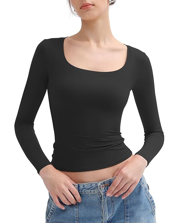 PUMIEY Women's Long Sleeve T Shirts Scoop Neck Slim Fit Going Out Tops Double Lined Basic Tee Smo... | Amazon (US)