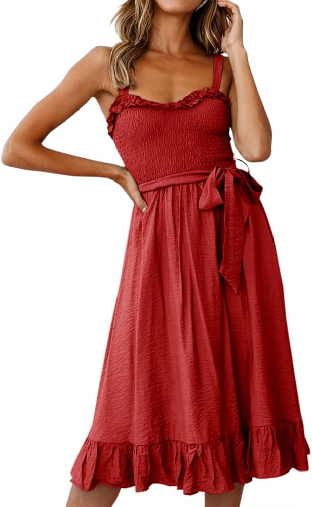 Soulomelody Womens Summer Dress Tie Waist Spaghetti Strap Casual Boho Smocked Ruffle Midi Dress Flar | Amazon (US)