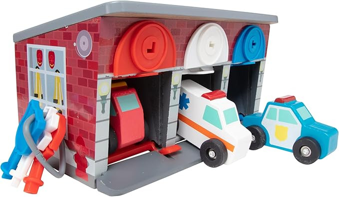 Melissa & Doug Toy Keys and Cars Wooden Rescue Vehicles and Garage (7 pcs) Red, for 36 months to ... | Amazon (US)