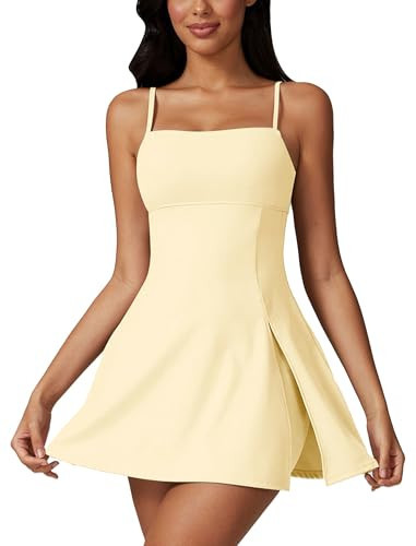 ABOCIW Womens Tennis Dress with Built in Shorts and Bra Square Neck Spaghetti Strap Side Slit Athletic Dress Backless Workout Golf Sporty Dresses Lemon Yellow Medium | Amazon (US)