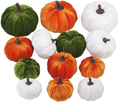 13 Pcs Assorted Mini Velvet Pumpkins Green Orange White Pumpkins for Halloween, Fall Thanksgiving... | Amazon (US)