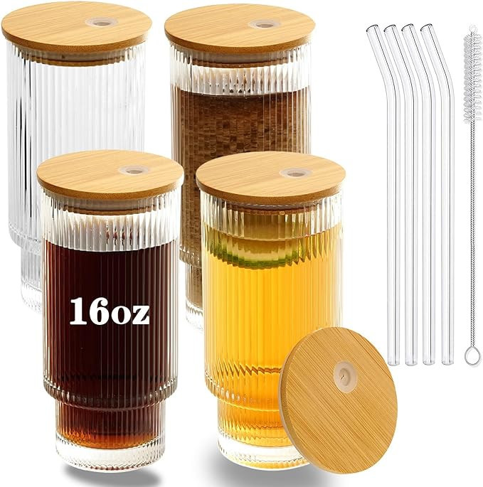 CAYOREPO 4 Pcs Set 16oz Ribbed Drinking Glasses with Bamboo Lids and Straws, Ribbed Glass Cups, S... | Amazon (US)