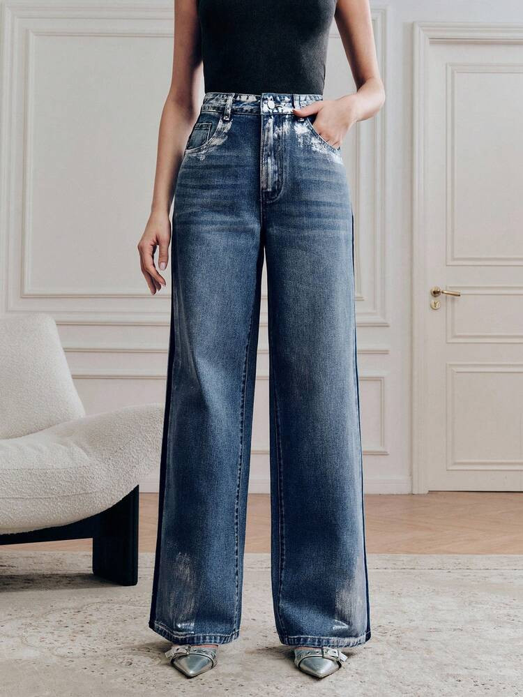 Anewsta Women's Fashionable Glamorous Silver Foil Romantic Party Blue Straight Leg Jeans | SHEIN