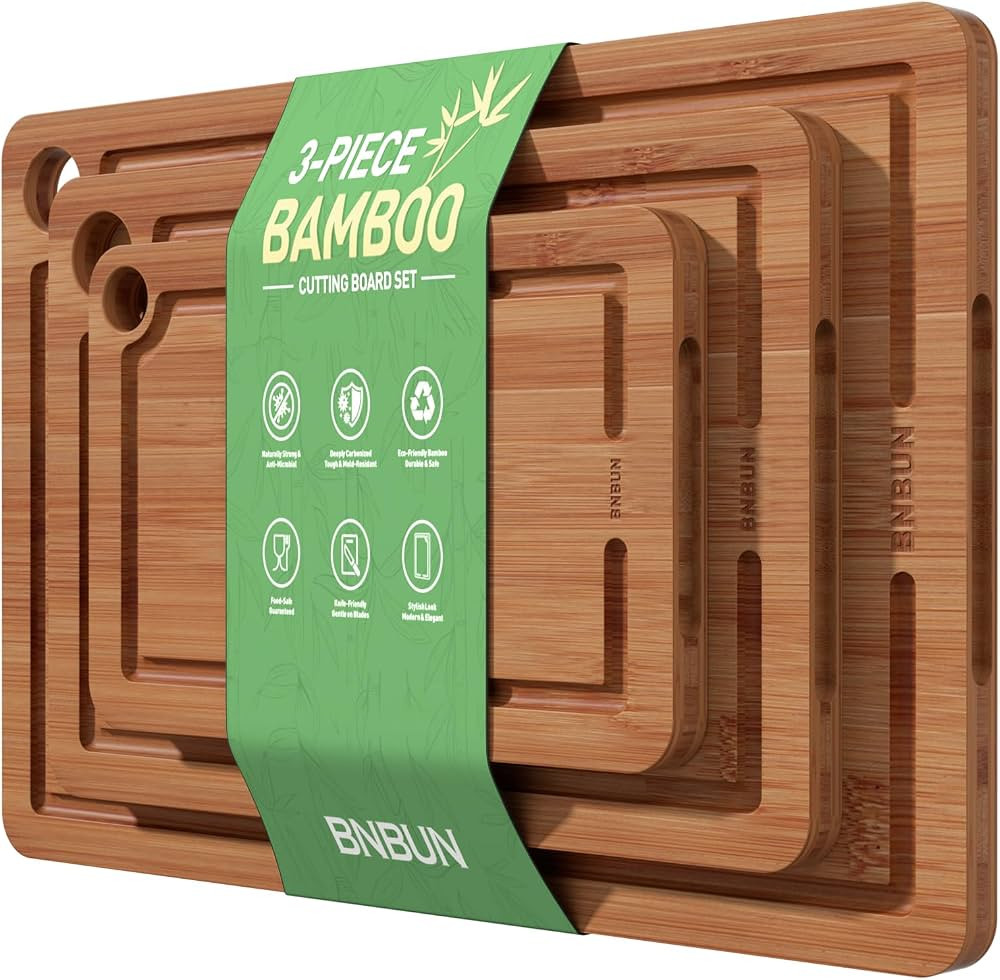 Bamboo Cutting Board for Kitchen, Wood Cutting Board 3 Piece Set with Non-Slip Mat Deep Juice Gro... | Amazon (US)