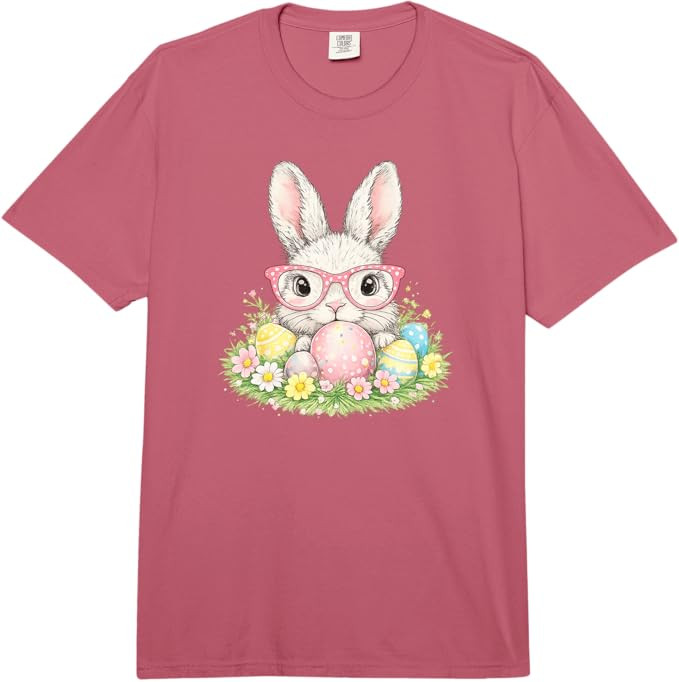 Cute Easter Bunny Glasses Spring Rabbit Pattern Comfort Colors Adult Heavyweight T-Shirt | Amazon (US)