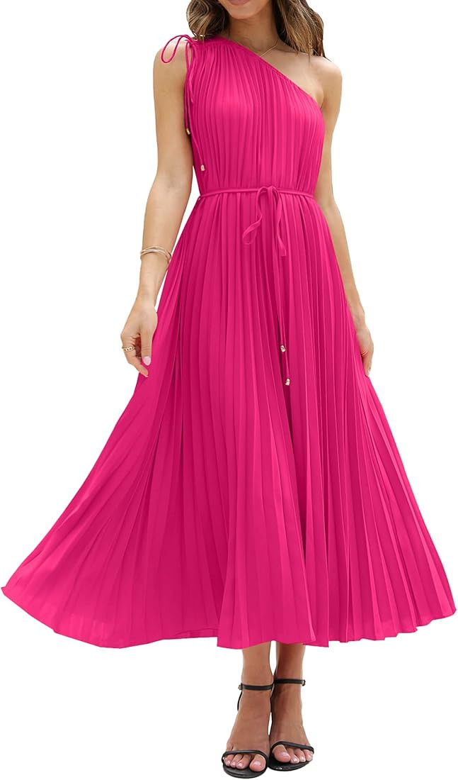 BTFBM Women's Drawstring One Shoulder Maxi Dresses Summer Sleeveless Tie Waist Pleated Long Flowy... | Amazon (US)