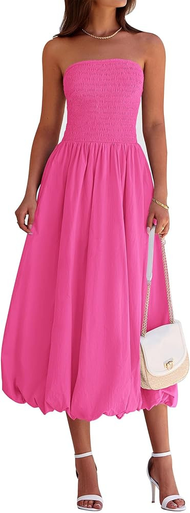 PRETTYGARDEN Women's 2025 Summer Strapless Tube Midi Dress Smocked A Line Bubble Long Flowy Casua... | Amazon (US)