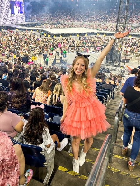 Taylor Swift Eras Tour outfit, lover outfit, pink tulle v neck dress (Im wearing a size small) with white pointy boots, gold jewelry accessories from local boutiques 

#LTKunder100 #LTKFind #LTKFestival