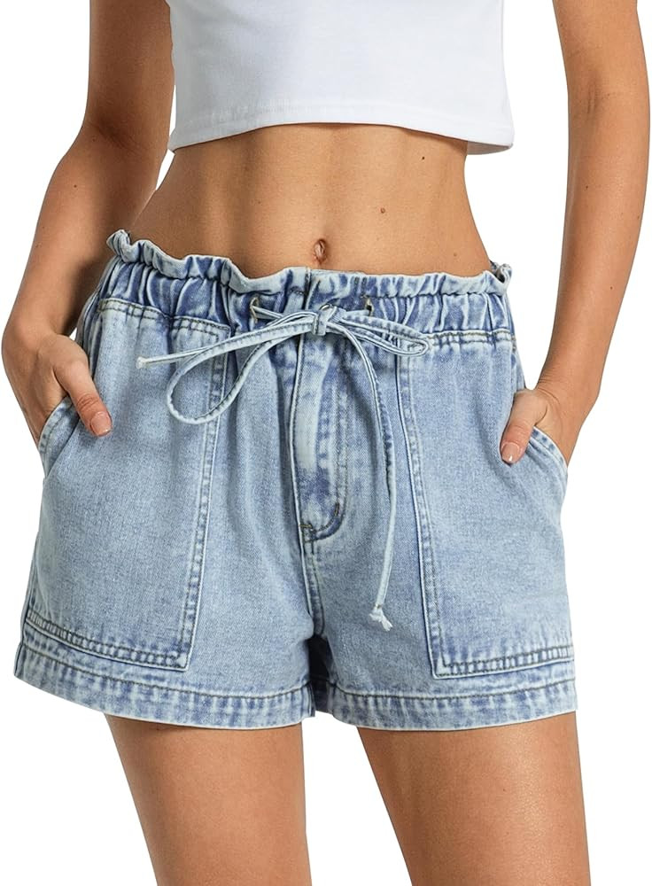 Kedera Womens Denim Shorts Casual Baggy Trendy Comfy Elastic Waist Jean Shorts with Drawstring | Amazon (US)