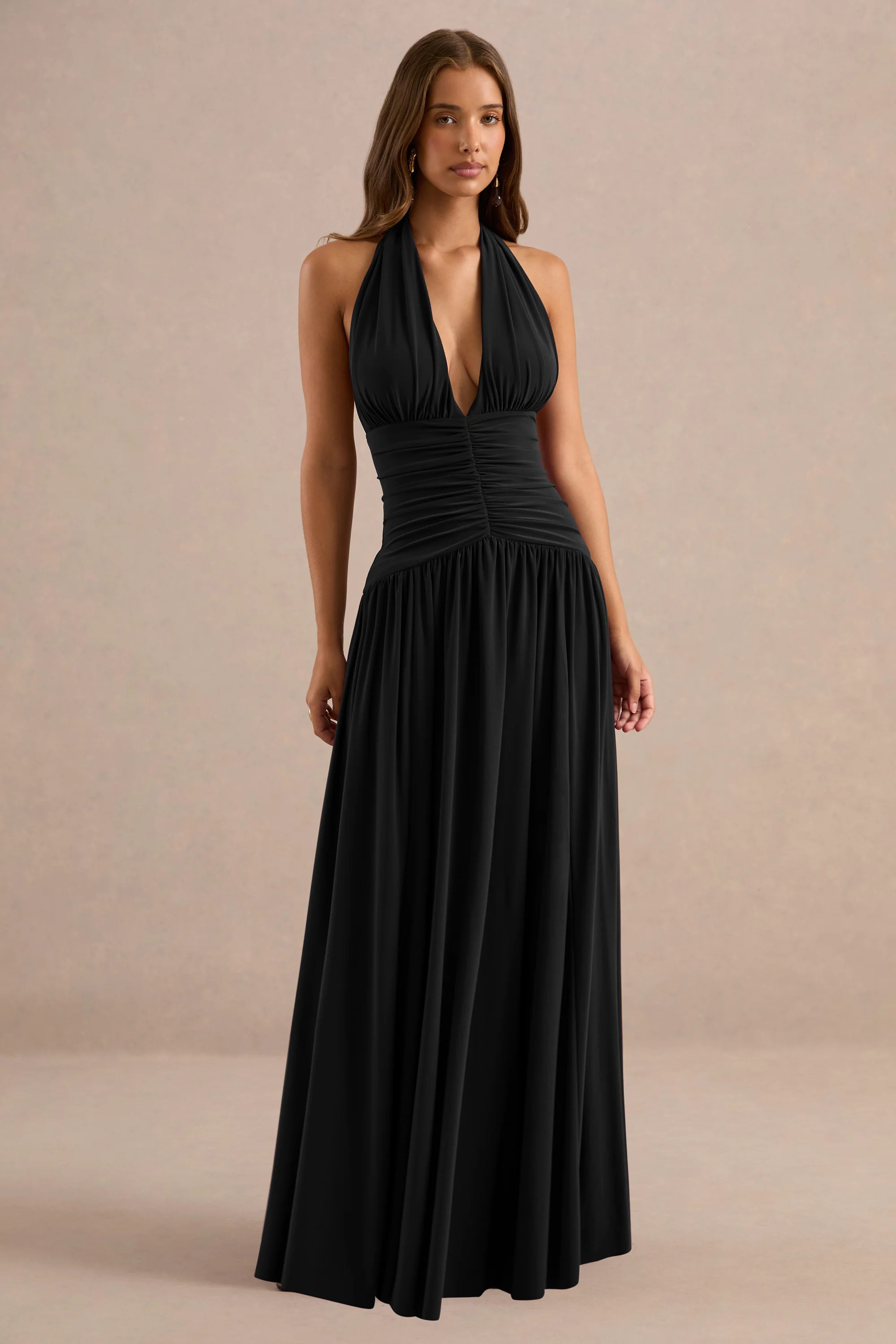 Bettina | Black Plunge-Neck Maxi Dress With Gathered-Detailing | Club L London