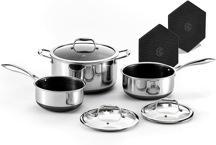 HexClad Hybrid Nonstick 6-Piece Pot Set with 2 Silicone Trivets, 2, 3, and 8-Quart Pots with Temp... | Amazon (US)