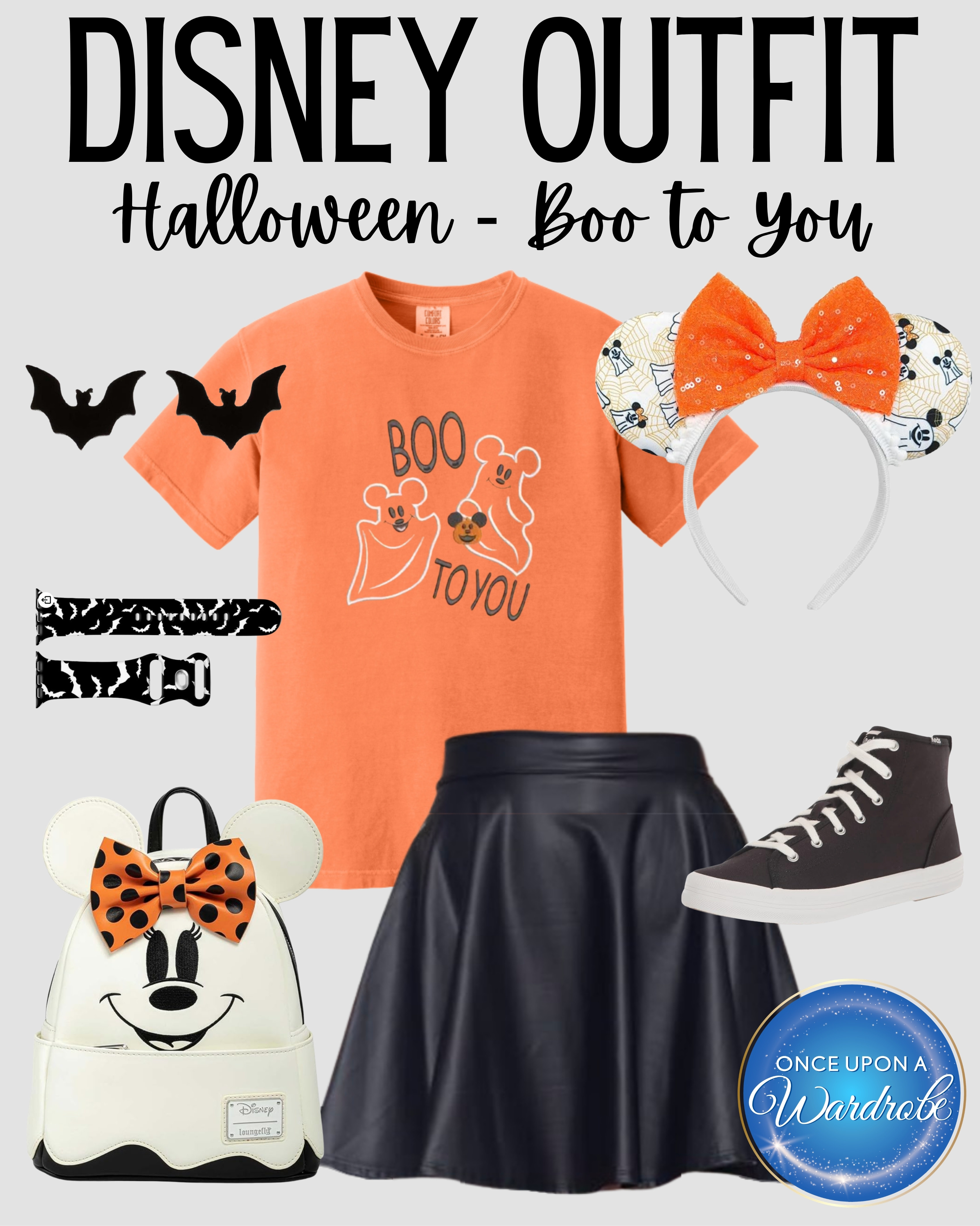 A cute Disney Halloween outfit for women inspired by the Boo to You parade! Pair the orange Mickey ghost T-shirt with a black faux leather skirt, high-top sneakers and Halloween Minnie ears for a comfortable park look. The ghost Mickey Loungefly backpack and bat accessories make this a fun outfit for Mickey’s Not-So-Scary Halloween Party or any fall Disney day. 

 #LTKootd #LTKmomlife #LTKTravel