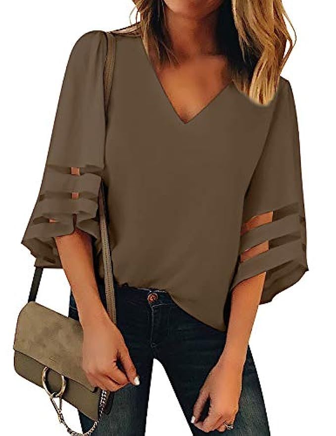 Lookbook Store Women's V Neck Mesh Panel Blouse 3/4 Bell Sleeve Loose Top Shirt | Amazon (US)