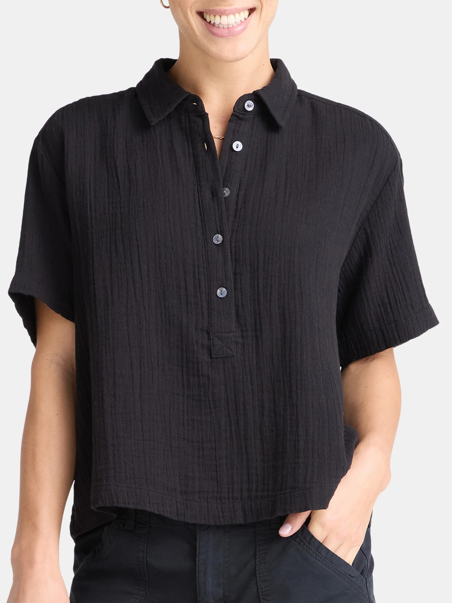 Time and Tru Women's Cotton Double Cloth Cropped Shirt, Size XS-XXXL | Walmart (US)