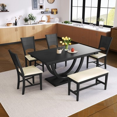 Whisen Modern 6-Piece Wood Half Round Legs Dining Set with 4 Upholstered Chairs and Long Bench - Gray | Target