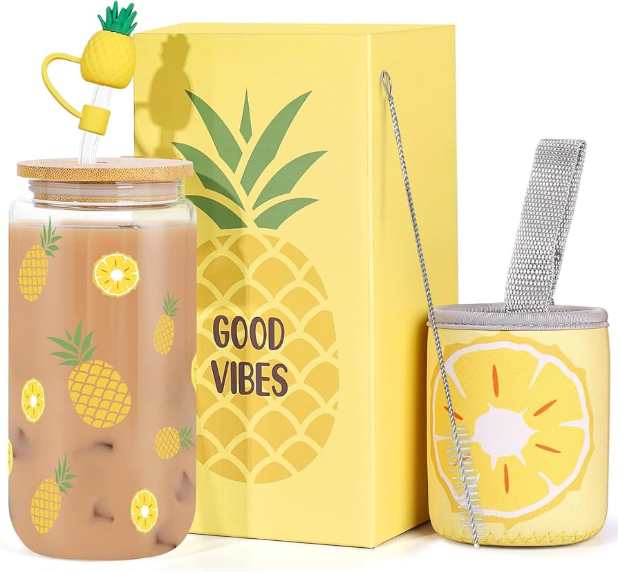 Dosuarue Pineapple Shaped Mug Cup, 16 oz Cute Glass Tumbler with Lids and Straws - Can Shaped Dri... | Amazon (US)