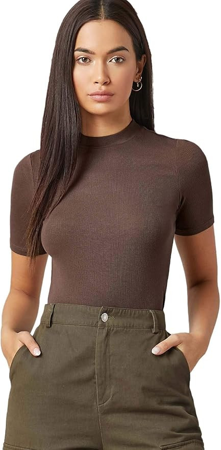 Floerns Women's Basic Mock Neck Short Sleeve Solid Rib Knit Tops Tee Shirts | Amazon (US)