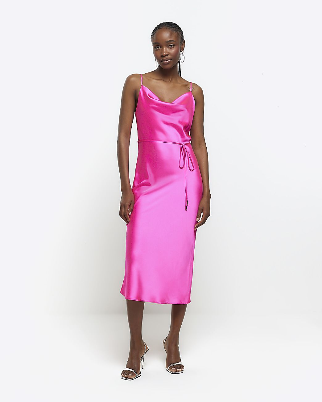Pink satin cowl neck slip midi dress | River Island (UK & IE)