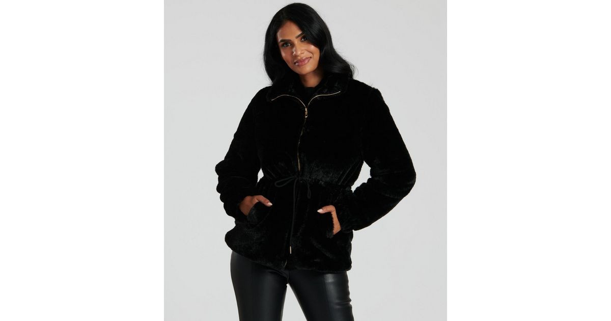 South Beach Black Faux Fur Drawstring Waist Jacket | New Look | New Look (UK)