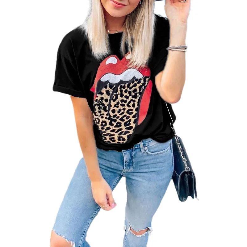 New Fashion Women's Casual Loose Leopard Red Lips Pattern Printed Round Neck Short Sleeve T-shirt | Walmart (US)