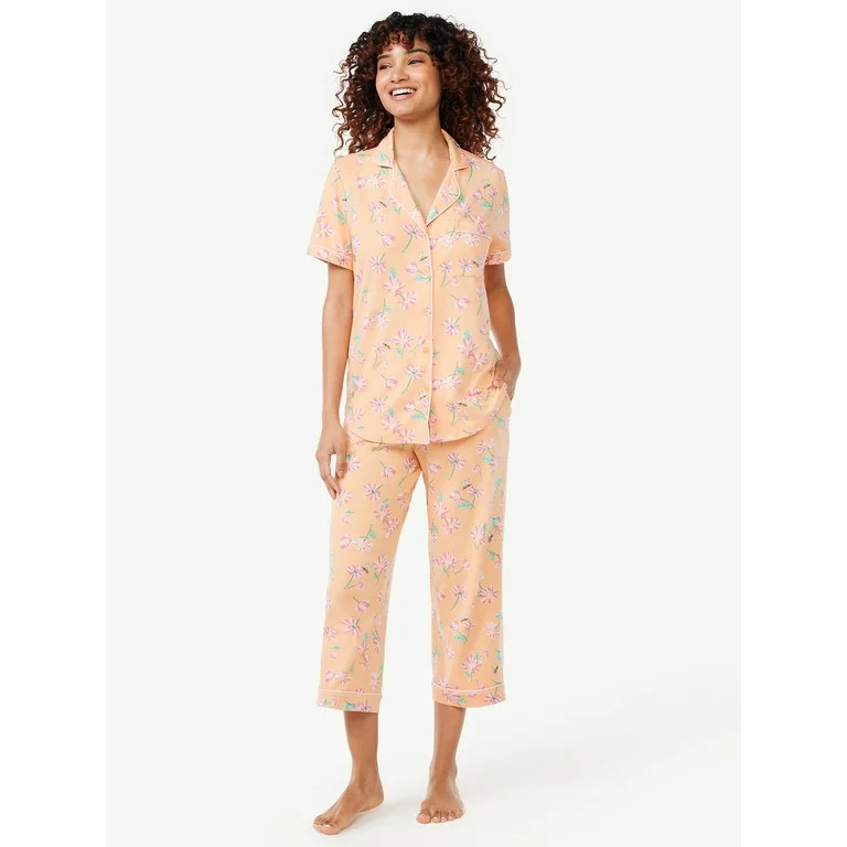 Joyspun Women's Knit Notch Collar Top and Capris Sleep Set, 2-Piece, Sizes S to 5X | Walmart (US)