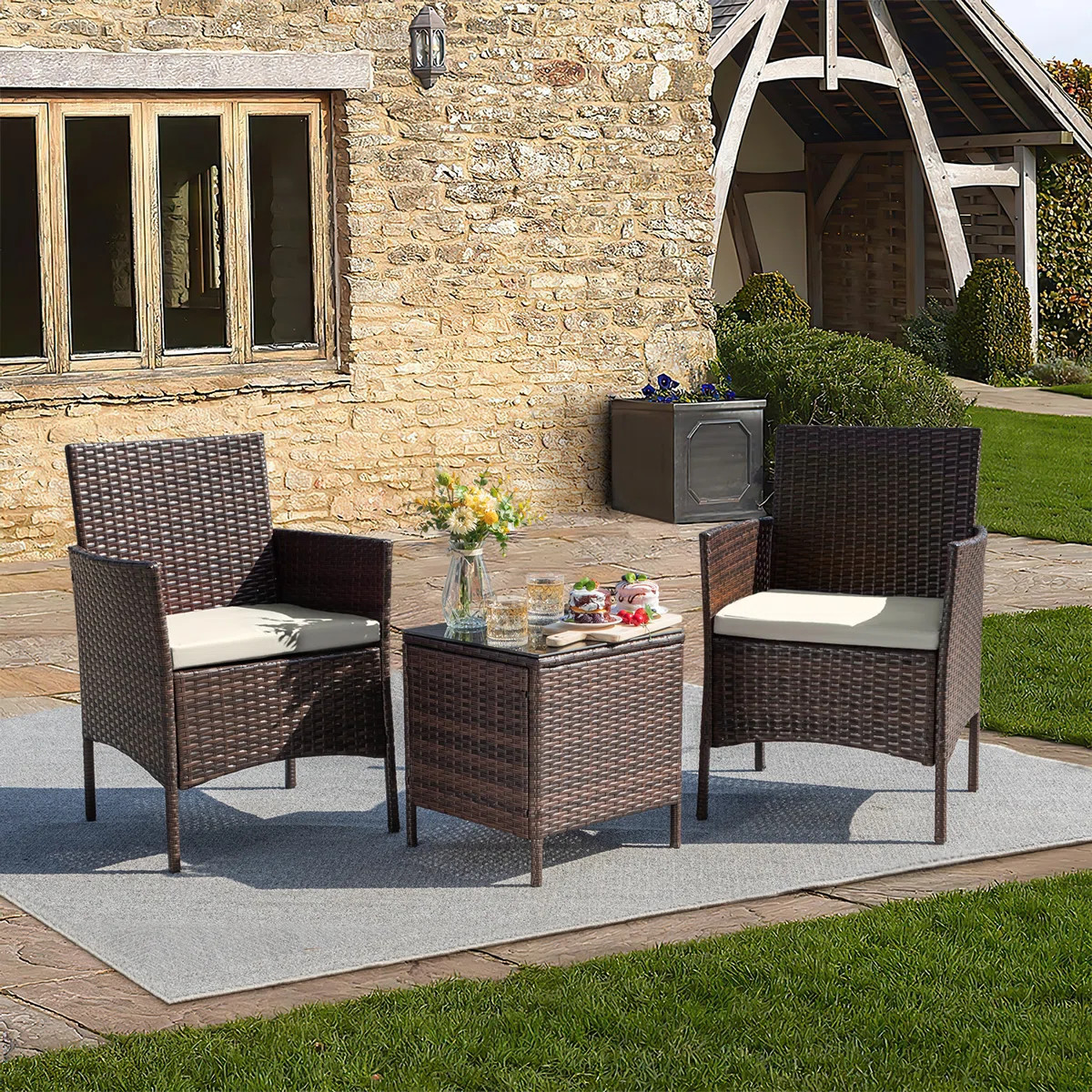 Jagger 3-Piece Outdoor Rattan Furniture Set with All-Weather Cushions,Modern Patio Seating Group ... | Wayfair North America