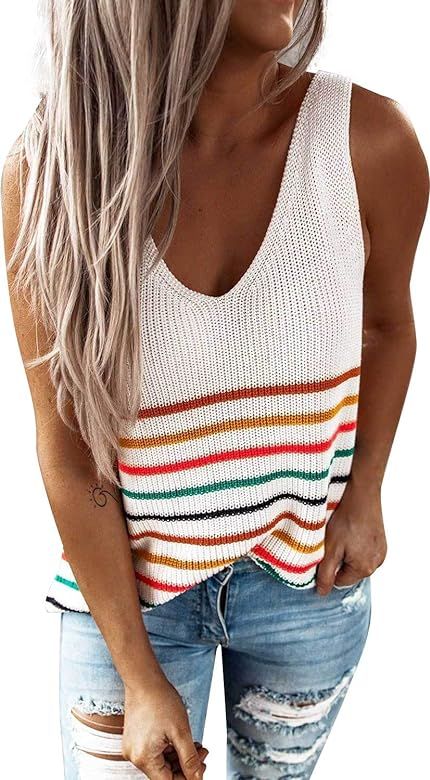 Ritera Women's Stripes Tank Tops Sexy V Neck Sleeveless Knit T-Shirts Loose Hollow Vest Blouse | Amazon (UK)