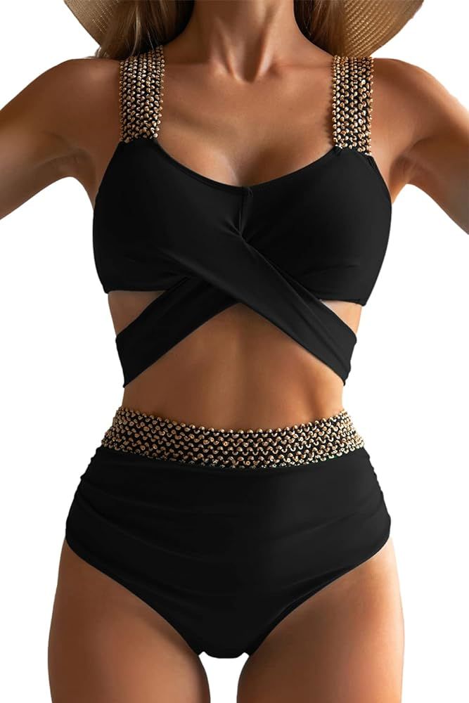 Eomenie Women Two Piece Cross Wrap Bathing Suit Tie Back, Tummy Control Swimsuit 2 Piece High Wai... | Amazon (US)
