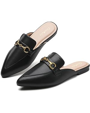 Buckle Mules for Women Pointed Toe Backless Flat Mules Slip on Slides Loafer Shoes | Amazon (US)
