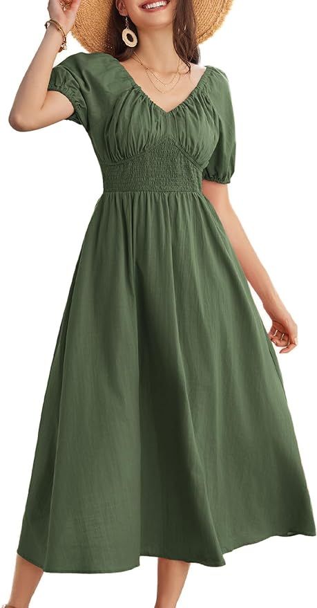 GRACE KARIN 2024 Women's Summer V Neck Smocked Dresses Short Sleeve Flowy A Line Maxi Dress with ... | Amazon (US)