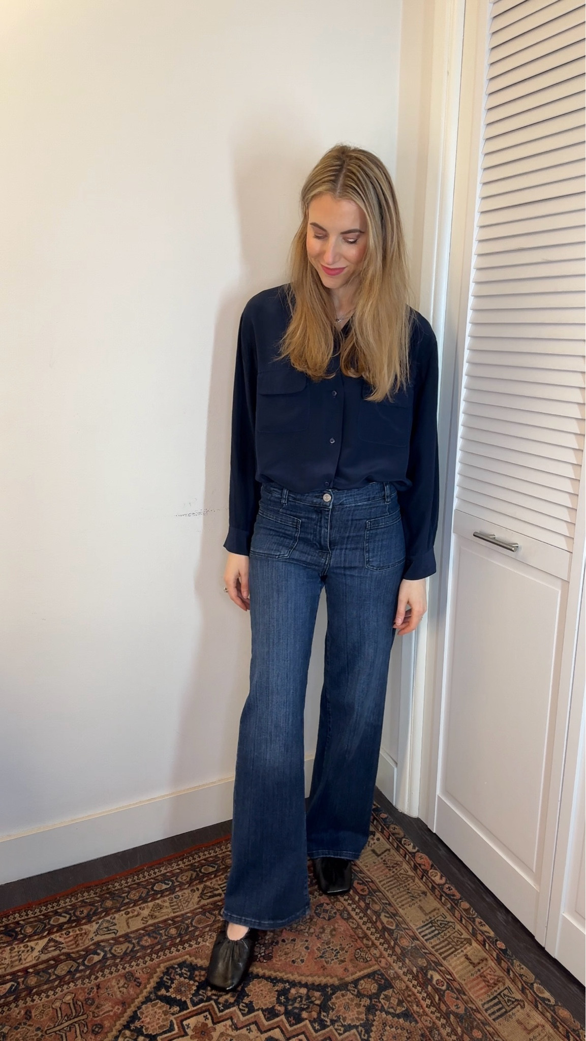 My beloved Frame jeans are 30% off!! They are just perfection. Love the fit - wide, but you don’t get lost in the cut. 

They’re the optimal length for flats on me (I’m 5’7”). They have some stretch, but they haven’t lost their shape at all, and I’ve been wearing them a lot. 

My silk shirt is OOS, but I have 2 of the banana republic perfect silk shirts, size small. I love Club Monaco’s silk shirts, and they’re now on sale  

My shoes are on sale, too!
#LTKShoeCrush #ootd #classicstyle #sailorjeans #affordableluxury

#LTKHoliday #LTKCyberWeek #LTKGiftGuide