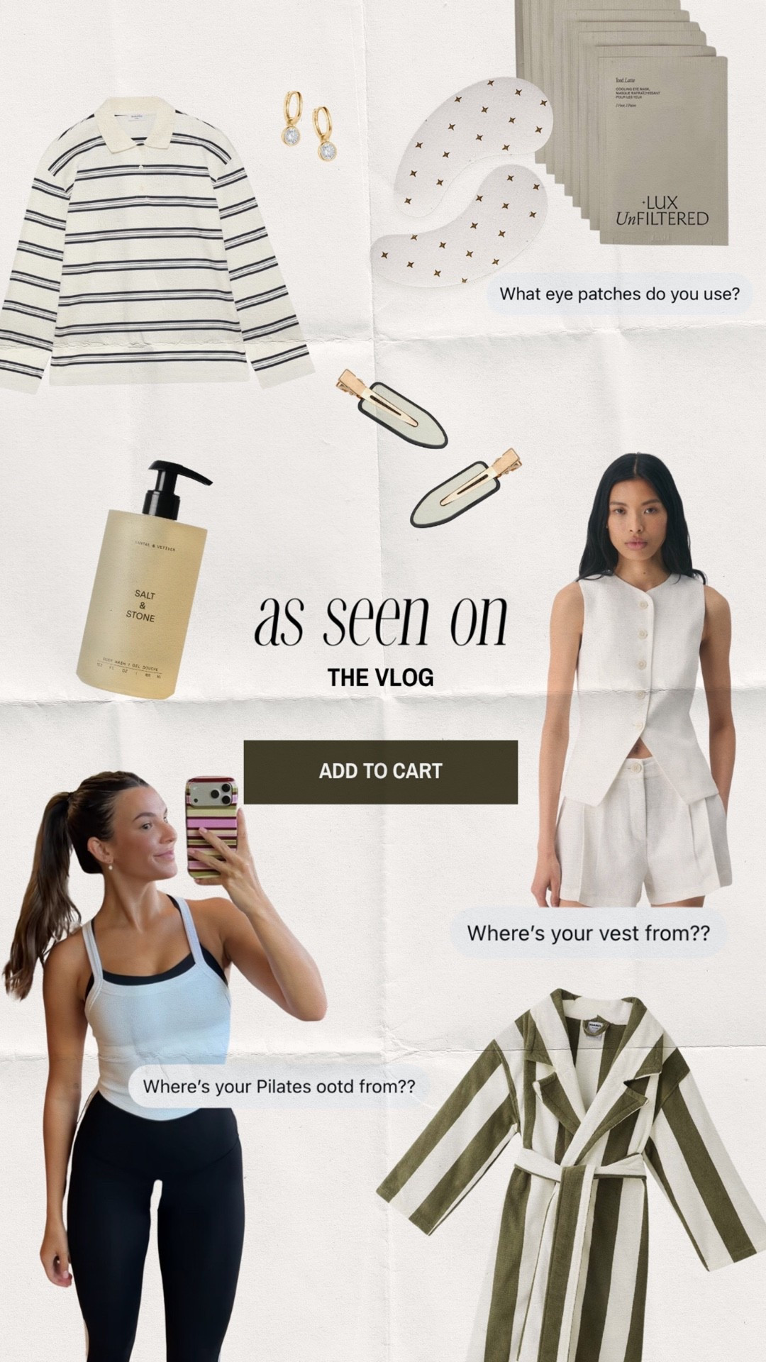 My staples as seen on the vlog !!!

Aritzia, summer essentials, matching set, summer outfit inspo, body wash, beauty, hair tools, bath, Pilates, activewear, summer finds, Amazon finds for less