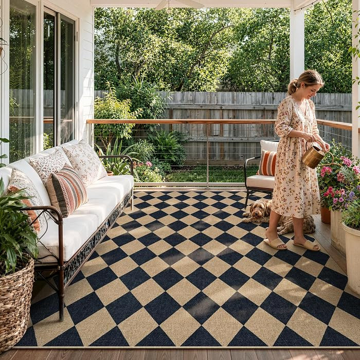Lahome Colette Checkered Easy Jute Area Rug 8x10, Large Living Room Patio Rug Checkerboard Indoor... | Amazon (US)