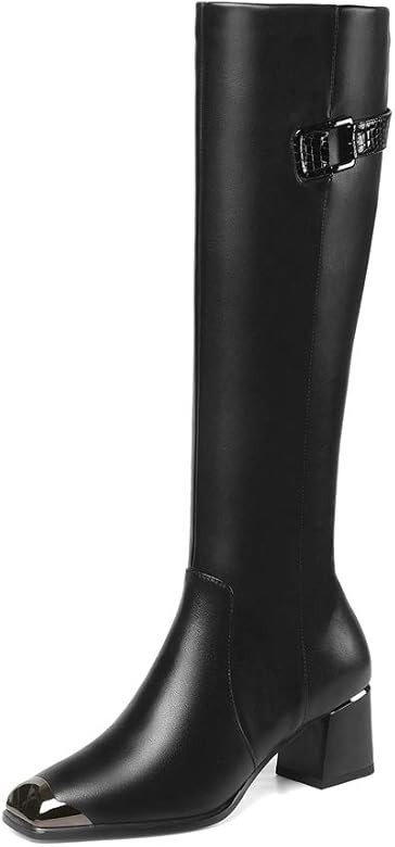 TinaCus Handmade Women's Genuine Leather Square Toe Mid Chunky Heel Side Zip Up Black Knee High B... | Amazon (US)