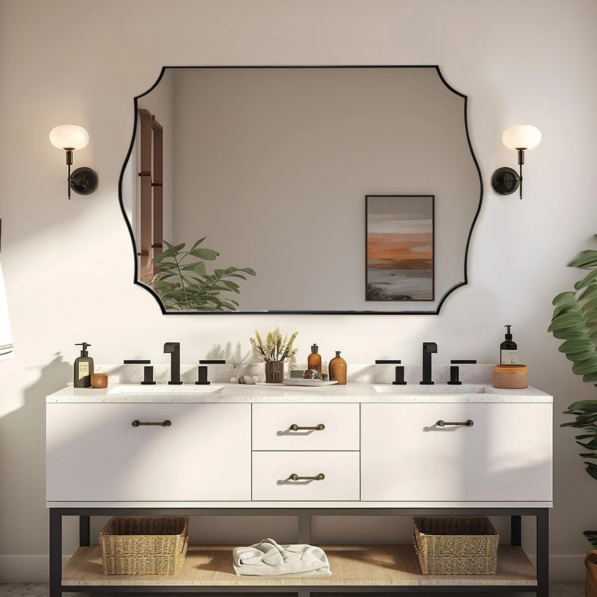 Anayalee Traditional Scalloped Rectangle Bathroom Vanity Mirror | Stainless Steel Frame | Wayfair North America