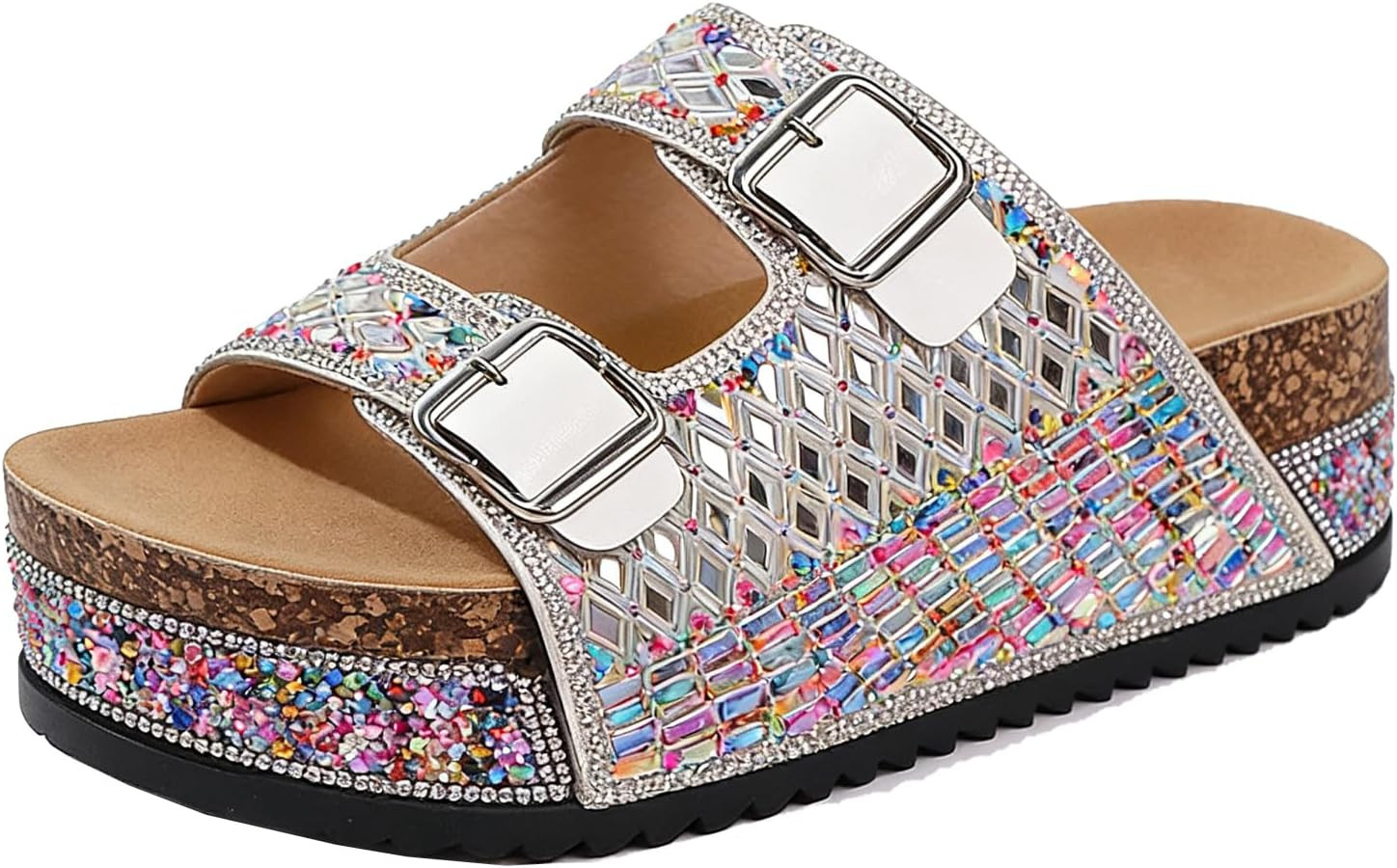 Womens Glitter Rhinestones Flat Sandals Cork Footbed Slides 2 Straps Adjustable Buckle Handmade S... | Amazon (US)
