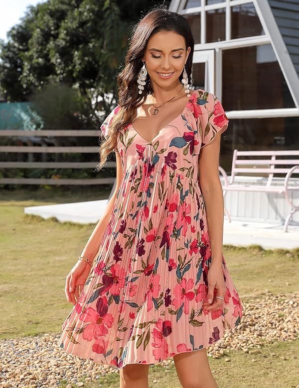 KOJOOIN Women's 2023 Summer Pleated Dress Babydoll Backless Mini Sun Dresses Flowy Swing Floral B... | Amazon (US)